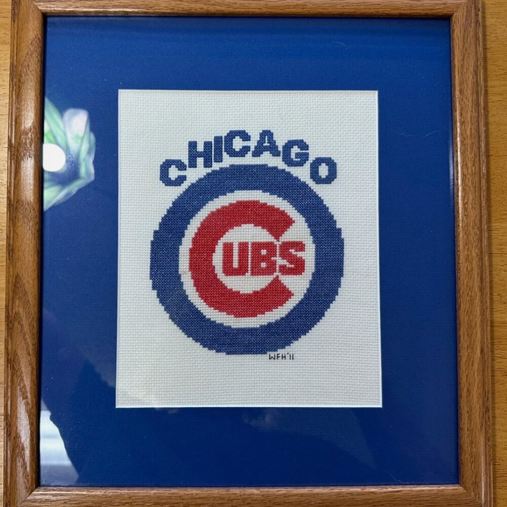 Vintage Chicago Cubs Cross Stitch Needlepoint Framed MLB Baseball Picture